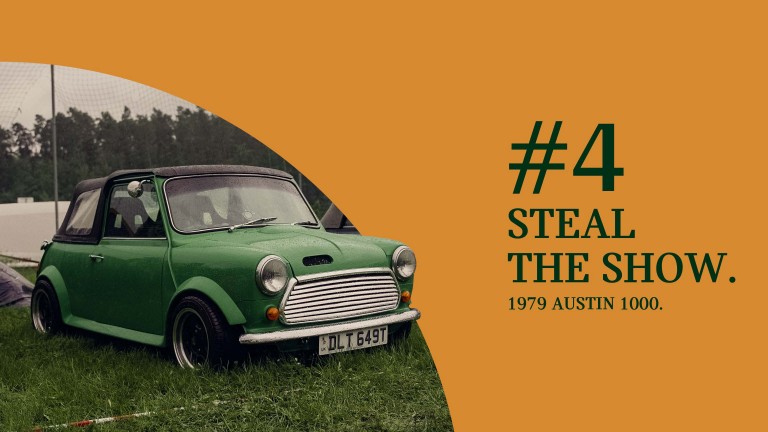 Front and side of a green 1979 Austin 1000 with a distinctive intake on the bonnet, titled “#4 Steal the show.”