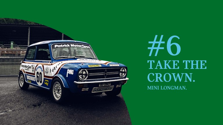 Pictured on asphalt at the IMM 2024, Mini 1275 GT Longman replica, titled “#6 Take the crown.”
