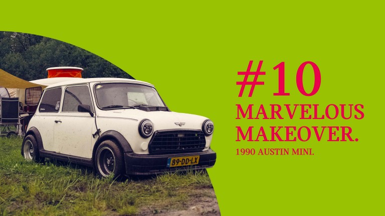 Parked on grass at the IMM 2024, a 1990 Limited Edition Flame Red Austin Mini that has been repainted in white, titled “#10 Marvelous makeover.”