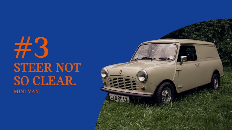 Photo of an angled 1981 Mini Van parked on grass, titled “#3 Steer not so clear.”
