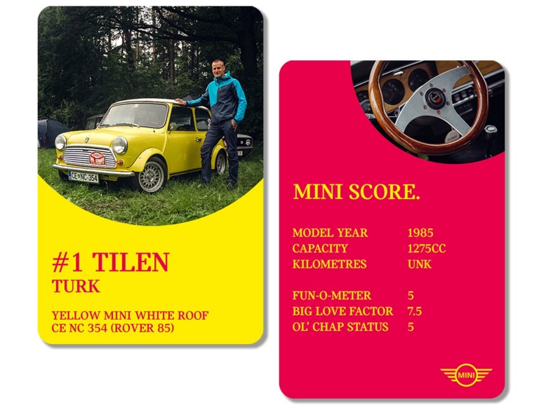 Front of playing card: Owner Tilen Turk stands beside his 1985 Rover Mini, placing a hand on the white roof. Back of card: MINI SCORE: MODEL YEAR: 1985 / CAPACITY: 1275cc / KILOMETRES: Unknown / FUN-O-METER: 5 / BIG LOVE FACTOR: 7.5 / OL’ CHAP STATUS: 5