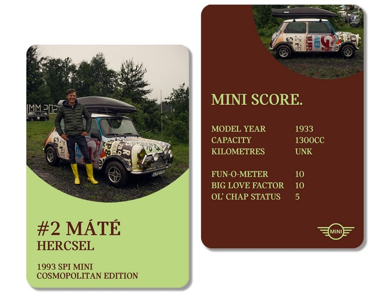 Front of playing card: Owner Máté Hercsel stands hands in pocket and wearing bright yellow rain boots beside his uniquely wrapped 1993 SPi Mini Cosmopolitan Edition. Back of card: MINI SCORE: MODEL YEAR: 1993 / CAPACITY: 1300cc / KILOMETRES: Unknown / FUN-O-METER: 10 / BIG LOVE FACTOR: 10 / OL’ CHAP STATUS: 5