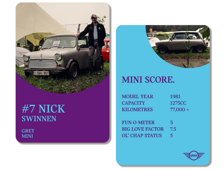 Front of playing card: Owner and MINI enthusiast Nick Swinnen poses next to his grey Classic Mini. Back of card: MINI SCORE: MODEL YEAR: 1981 / CAPACITY: 1275cc / KILOMETRES: 77,000+ / FUN-O-METER: 5 / BIG LOVE FACTOR: 7.5 / OL’ CHAP STATUS: 5