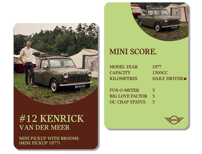 Front of playing card: Owner Kenrick Van Der Meer stands with a hand on his 1977 Mini Pickup, distinguishable by the wooden brooms on the roof. Back of card: MINI SCORE: MODEL YEAR: 1977 / CAPACITY: 1300cc / KILOMETRES: Daily driver / FUN-O-METER: 5 / BIG LOVE FACTOR: 5 / OL’ CHAP STATUS: 5