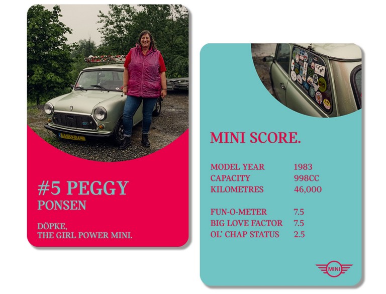 Front of playing card: Owner Peggy Ponsen poses to the side of her 1983 1000 HLE Mini Cooper, with trees in the background. Back of card: MINI SCORE: MODEL YEAR: 1983 / CAPACITY: 998cc / KILOMETRES: 46,000 / FUN-O-METER: 7.5 / BIG LOVE FACTOR: 7.5 / OL’ CHAP STATUS: 2.5
