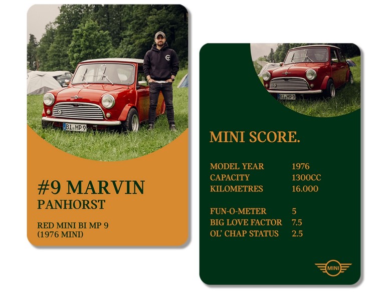 Front of playing card: Owner Marvin Panhorst stands hands in pockets next to his lovingly restored 1976 Mini. Back of card: MINI SCORE: MODEL YEAR: 1976 / CAPACITY: 1300cc / KILOMETRES: 16,000 km / FUN-O-METER: 5 / BIG LOVE FACTOR: 7.5 / OL’ CHAP STATUS: 2.5