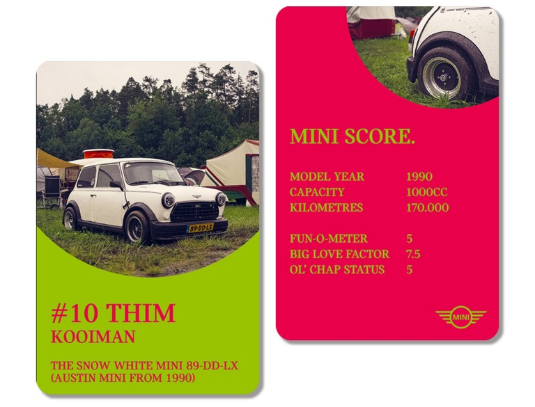 Front of playing card: Thim Kooiman’s restored Limited Edition Austin Mini with tents and a dark tree line in the background. Back of card: MINI SCORE: MODEL YEAR: 1990 / CAPACITY: 1000cc / KILOMETRES: 170,000 / FUN-O-METER: 5 / BIG LOVE FACTOR: 7.5 / OL’ CHAP STATUS: 5