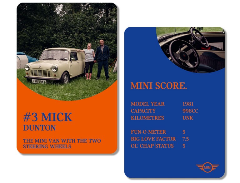 Front of playing card: Owners Mick Dunton and his wife stand next to their 1981 Mini Van at the International MINI Meeting 2024. Back of card: MINI SCORE: MODEL YEAR: 1981 / CAPACITY: 998cc / KILOMETRES: Unknown / FUN-O-METER: 5 / BIG LOVE FACTOR: 7.5 / OL’ CHAP STATUS: 5