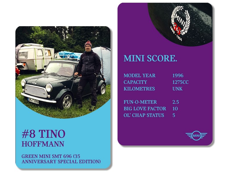 Front of playing card: Owner Tino Hoffmann stands next to his pride and joy, an Almond Green 35th Anniversary Special Edition Mini, at the IMM 2024. Back of card: MINI SCORE: MODEL YEAR: 1996 / CAPACITY: 1275cc / KILOMETRES: Unknown / FUN-O-METER: 2.5 / BIG LOVE FACTOR: 10 / OL’ CHAP STATUS: 5