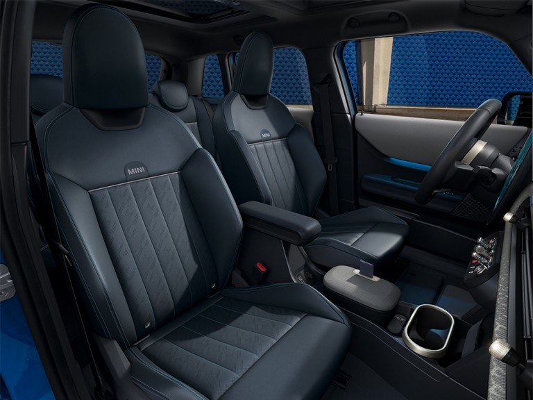 Interior shot of the new MINI Cooper 5-Door’s bespoke interior features and seat upholstery.