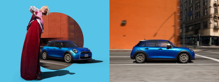 A woman with short blonde hair and colourful clothing smiles as she stands next to the new MINI Cooper 5-Door in Blazing Blue. Side profile of the new MINI Cooper 5-Door in Blazing Blue as it drives past a vibrant orange building in the city.
