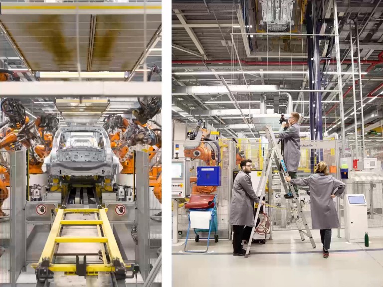 Video of a car body shell being worked on by a number of robots at BMW Group Plant Leipzig. Wearing protective factory gear, two members of the MINI Team hold a ladder as Alastair Philip Wiper stands atop it to capture the perfect shot. 