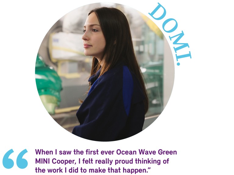 Side profile photo of MINI process engineer Dominika Pietrynko, with Plant Oxford’s paint shop as the backdrop.